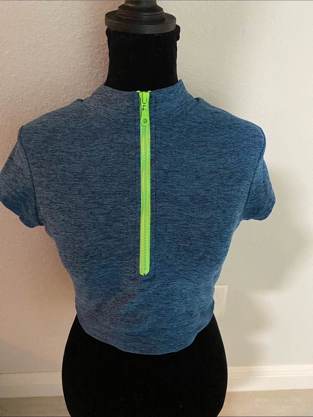 SOLD. Bombshell Sportswear Blue Crop Top with Neon Green Zip
